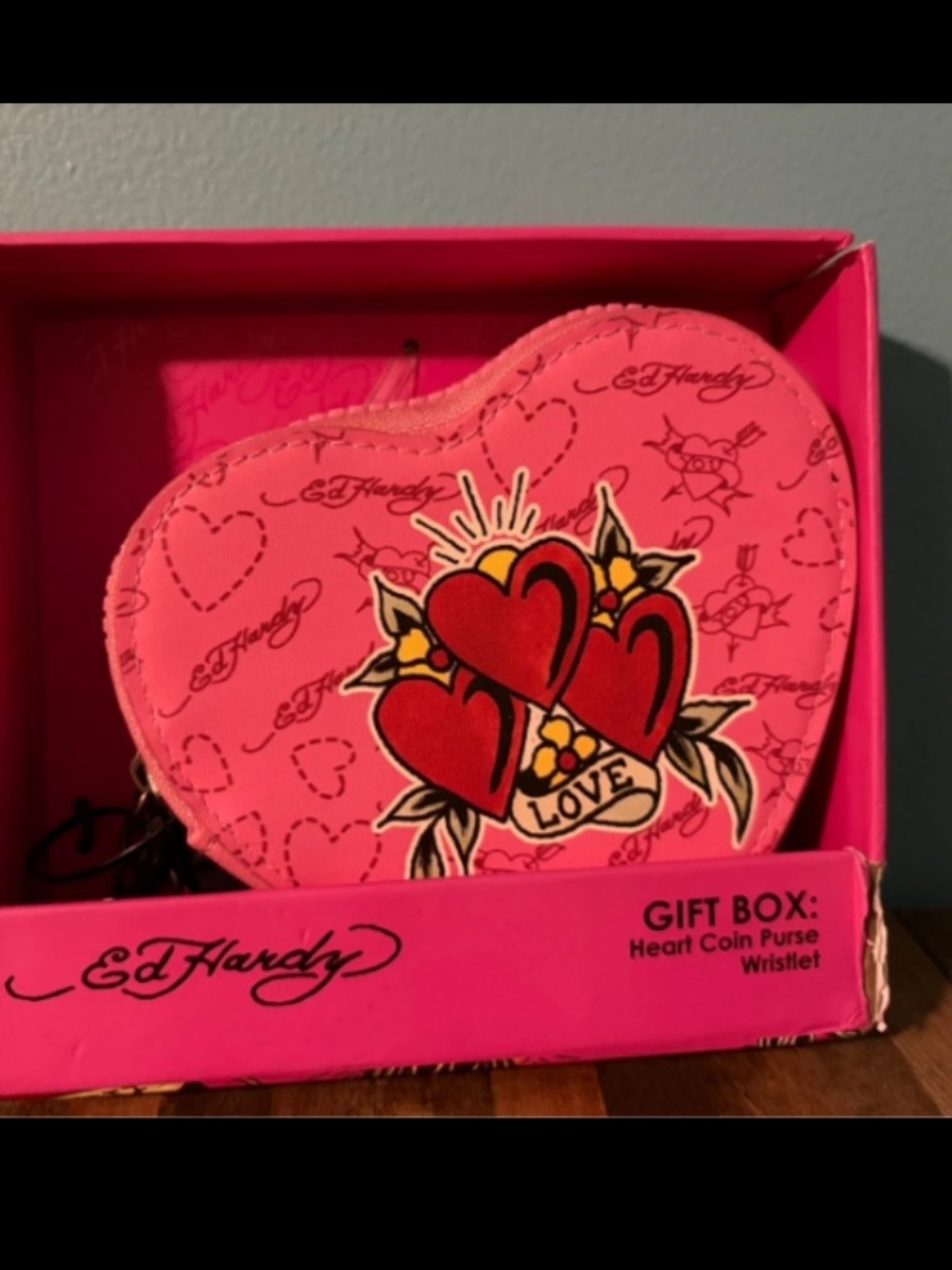 Ed Hardy Pink Mini Heart Purse /Wristlet with Chain Strap